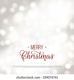 Merry Christmas greeting card. Vector bokeh background, festive defocused lights.
