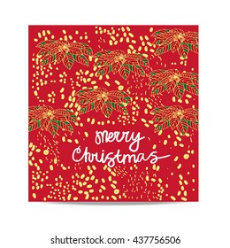 Merry Christmas greeting card. Vector elements with flowers of poinsettia on a red background. Template print card or invitation.