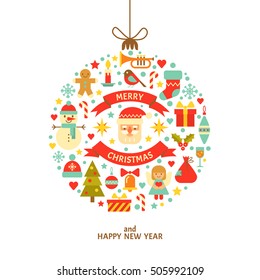 Merry Christmas greeting card. Vector illustration with ball of icons and symbols of, including Santa, presents, snowman, gingerbread man and mistletoe, isolated on white.