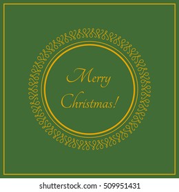 Merry Christmas greeting card. Vector illustration with text and ornamental round frame with hand drawn elements. Yellow elements on green background.