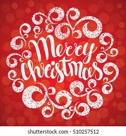 Merry Christmas greeting card. Vector illustration. Merry Christmas lettering in round curves ornament. Hand drawn inscription, calligraphic design.