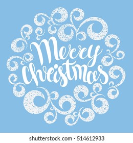 Merry Christmas greeting card. Vector illustration. Merry Christmas lettering in round curves ornament. Hand drawn inscription, calligraphic design.