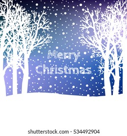 Merry Christmas greeting card. Vector winter holiday shine blurred background with hand lettering calligraphic, snowflakes, trees, falling snow.