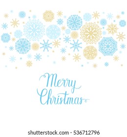 Merry Christmas greeting card. Vector winter holidays backgrounds with hand lettering calligraphy, gold, blue snowflakes.