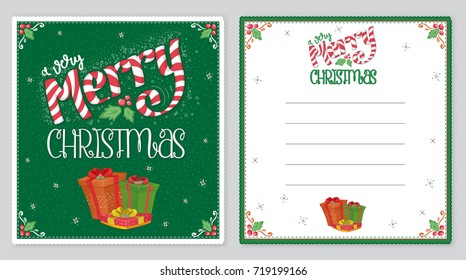 Merry Christmas greeting card. Vector illustration with gift boxes and lettering in vintage style. Good for gift cards, invitations, posters, stickers.