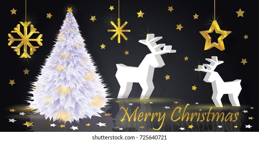 Merry Christmas greeting card. Vector illustration with 3d white Christmas tree, two deers, gold snowflake and star. Can be used for design flyers, Christmas greeting and invitation cards.
