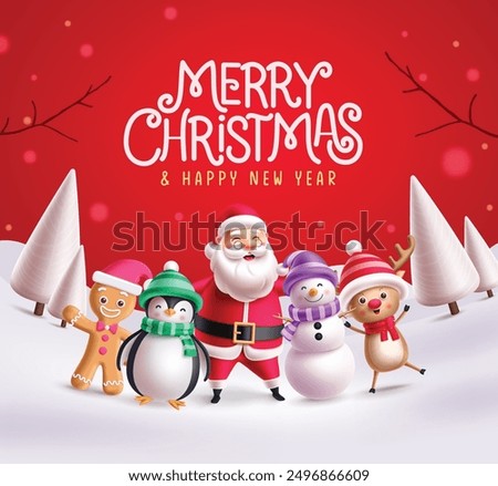 Merry christmas greeting card vector design. Christmas greeting text with santa claus, penguin, ginger bread, snowman and reindeer characters in snow winter red background. Vector illustration holiday