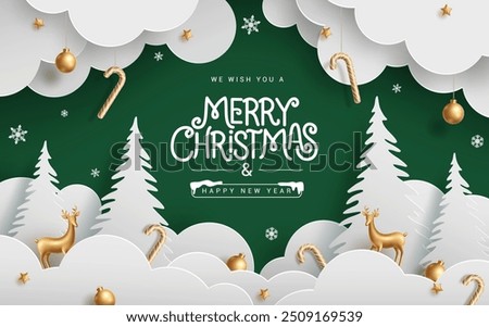 Merry christmas greeting card vector design. Christmas paper cut clouds, pine tree and fir tree with hanging gold decoration elements in green template. Vector illustration paper cut greeting card. 
