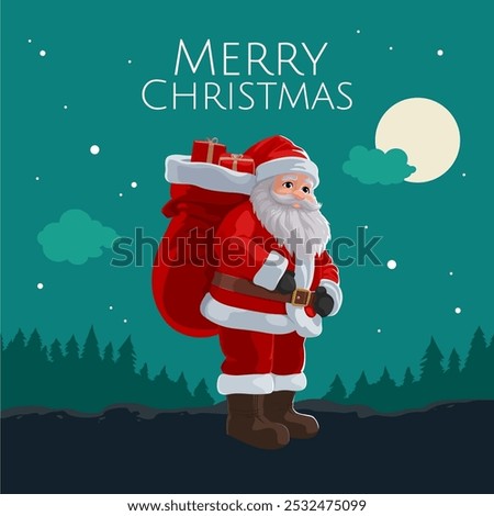 merry christmas greeting card vector illustration of santa claus carrying a sack filled with many christmas gifts standing under the light of the full moon in the snowy night that is christmas eve