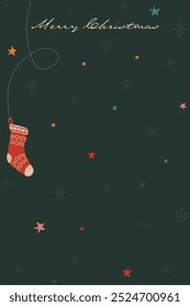 Merry Christmas greeting card vertical template. Hanging sock hand drawn childish style with night sky background graphic illustration.