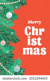 Cartão feliz de Natal, banner web vertical, fundo de Natal. Design de férias com tipografia, ramos de abeto, brinquedos. Cartaz artístico, capa e modelo mínimos