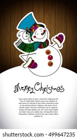 Merry Christmas Greeting card. Vertical banner, flyer design template with snowman (in scarf, gloves, hat) and place for your text. Vector illustration. Holiday background.