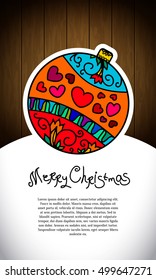 Merry Christmas Greeting card. Vertical banner, flyer, poster design template with decorated christmas ball and place for your text. Vector illustration. Holiday background.