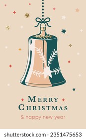 Merry Christmas greeting card with vintage Christmas bell decoration. Illustration in retro style design with golden glitter stars. Party invitation. Xmas postcard with tree toy decoration.