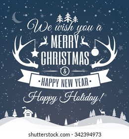 Merry Christmas greeting card with vintage style label and holiday wish on snow background. Happy new year. Happy holidays. Vector Illustration