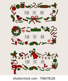 Merry Christmas. Greeting card. Vintage card with typography and elements. Gift box, wreath, mittens, jingle bell and mistletoe. Your text here. Vector illustration.