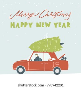 Merry christmas greeting card of vintage red car with xmas pine tree on roof. Vector cartoon illustration. Flat design. Merry Christmas and Happy New Year. 