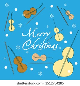 merry christmas greeting card with violins on a blue background, vector