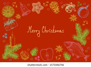 Merry Christmas Greeting card with walnuts, pine branches, pinecone, apples, star anise, dried cloves, lemon, decorations, gingerbread, candle, bells, gifts, carp fish. Hand Drawn vector illustration.