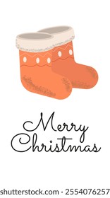  Merry christmas greeting card with warm socks on white background and text. Vector flat illustration