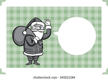 Merry Christmas greeting card with waving Santa with gifts