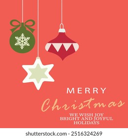 Merry Christmas greeting card or web banner with hanging ornaments and festive message on red background. Minimal art poster, cover template