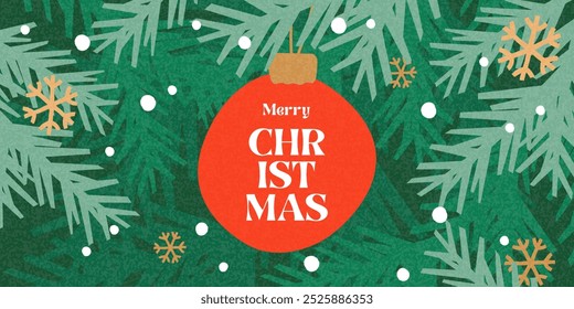 Tarjeta de felicitación de Navidades alegres, Anuncio de Web, fondo de vacaciones. Moderno y hermoso diseño de Navidad con tipografía, ramas de árboles de Navidad, bolas y copos de nieve. Cartel de arte mínimo, cubierta, anuncios Plantilla