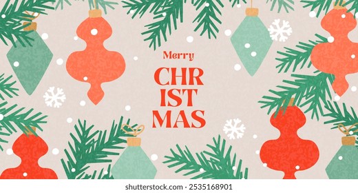 Merry Christmas greeting card, web banner, holiday background. Modern beautiful Xmas design with typography, Christmas tree branches, balls and snowflakes. Minimal art poster, cover, ads template