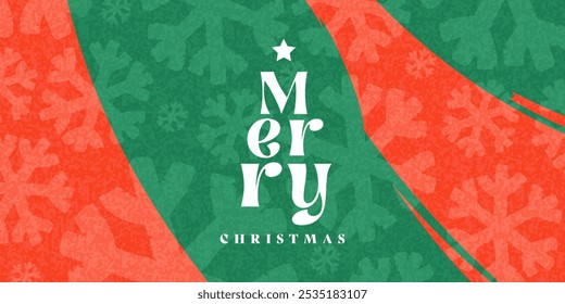 Tarjeta de felicitación de Navidades alegres, Anuncio de Web, fondo de vacaciones. Moderno y hermoso diseño de Navidad con tipografía, pinceladas y copos de nieve. Arte mínimo, cartel, cubierta, anuncios de Plantilla en colores verdes rojos