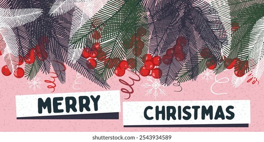 Merry Christmas greeting card, web banner, background. Winter Holidays Xmas design with typography, Christmas tree branches, snowflakes. Simple art poster, cover, ads template	
