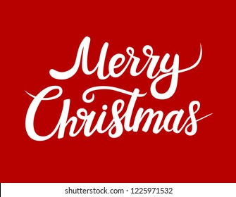 Merry Christmas greeting card with white lettering.  Vector lettering for banners or card on a red background. Calligraphic hand drawn font. Font composition