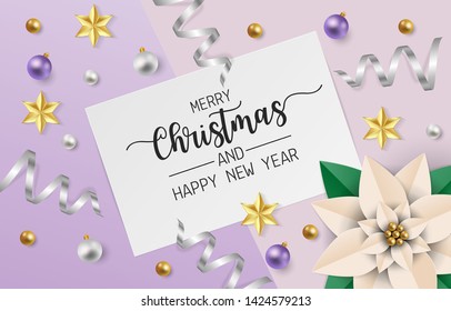 Merry christmas greeting card with white poinsettia flowers,white and purple balls and gold star on puple background. Vector illustration