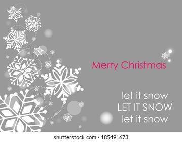 merry christmas greeting card, white snowflakes on grey background