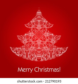 Merry Christmas Greeting Card - white lace vintage tree on bright festive red background - vector illustration