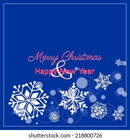 merry christmas greeting card, white snowflakes fly on blue background