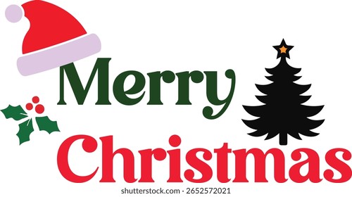 Merry Christmas Greeting Card with White Snowing Landscape and Red Lettering - Festive Illustration with Snowfall, Vector.