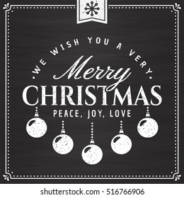 Merry Christmas! Greeting card with white typographic badge on chalkboard. Vector illustration.