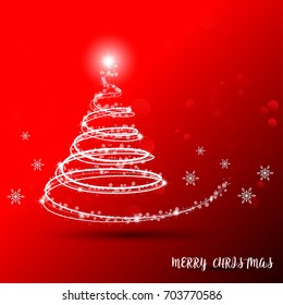 Merry Christmas Greeting Card and white tree on red abstract bokeh background.