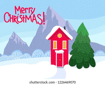 Merry Christmas greeting card with winter landscape and red scandinavian house. Vector illustration for greeting cards, posters, banners.