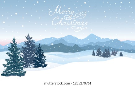 Merry Christmas greeting card. Winter holiady snowy nature landscape. Mountains in snow skyline background