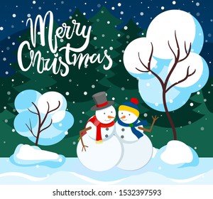 Merry christmas greeting card, winter character in park in snowfall. Snowman male and female figures made of snow. Personage wearing warm clothes in pine tree forest. Woods with snowy peaks vector