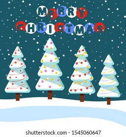 Merry christmas, greeting card with winter landscape at night. Cold season with pine trees covered with snow. Snowy hills and snowfall weather outdoors. Spruce with garlands and baubles vector