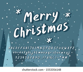 Merry Christmas, Greeting card with winter landscape. Hand drawn 3D vector alphabet, capital and small letters and numbers. Retro Italic font for Christmas design