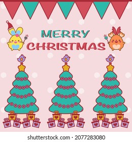 Merry Christmas greeting card. Winter snow background. Christmas tree, gift, flag rail, bird, decoration. Cheerful deer. Flower, star magic wand. Happy cute bunny, kawaii cartoon smile doodle design.