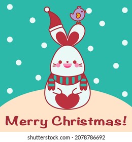 Merry Christmas greeting card. Winter snow background. Adorable bird. Happy cute red heart bunny snowman with scarf, red Santa Claus hat, kawaii rabbit animal cartoon smile doodle vector art design.