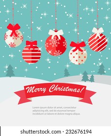  Merry Christmas Greeting card with winter landscape, snowfall,  hanging Christmas balls with red ribbons in flat design style , vector illustration  