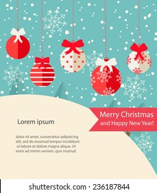  Merry Christmas Greeting card with winter landscape, snowfall,  hanging Christmas balls with red ribbons in flat design style , vector illustration  