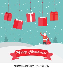 Merry Christmas Greeting card with winter landscape, snowfall and hanging gifts, vector illustration 