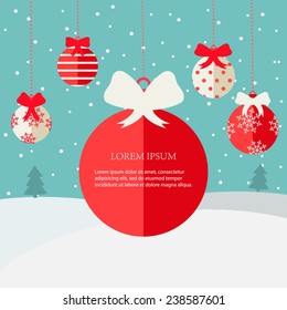 Merry Christmas Greeting card with winter landscape, snowfall, hanging Christmas balls with red ribbons in flat design style , vector illustration 