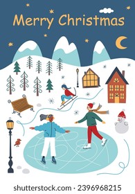 Merry Christmas greeting card, winter park composition, template with Christmas wishes, vector arrangement with ice rink, happy people ice skating, festive xmas banner, poster design